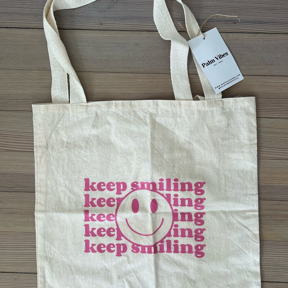 Keep Smiling Canvas Tote Bag with Pink Print